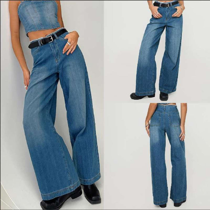 Damen weite Denim-Jeans mit hohem Bund und fransigem Saum Drune
