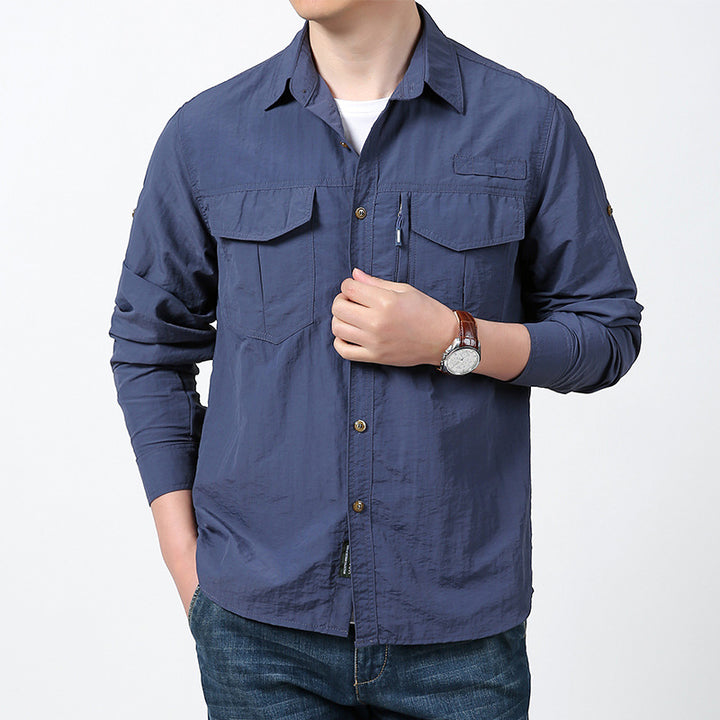 Herren nan langärmeliges Fieldshirt aus leichtem Ripstop mit multifunktionalen Brusttaschen und verdecktem Reißverschluss Drune