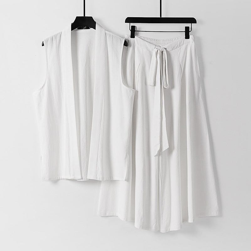 Damen Ärmellose Kimono-Weste und Hochtaillierte Culotte-Hose mit Bindegürtel Drune