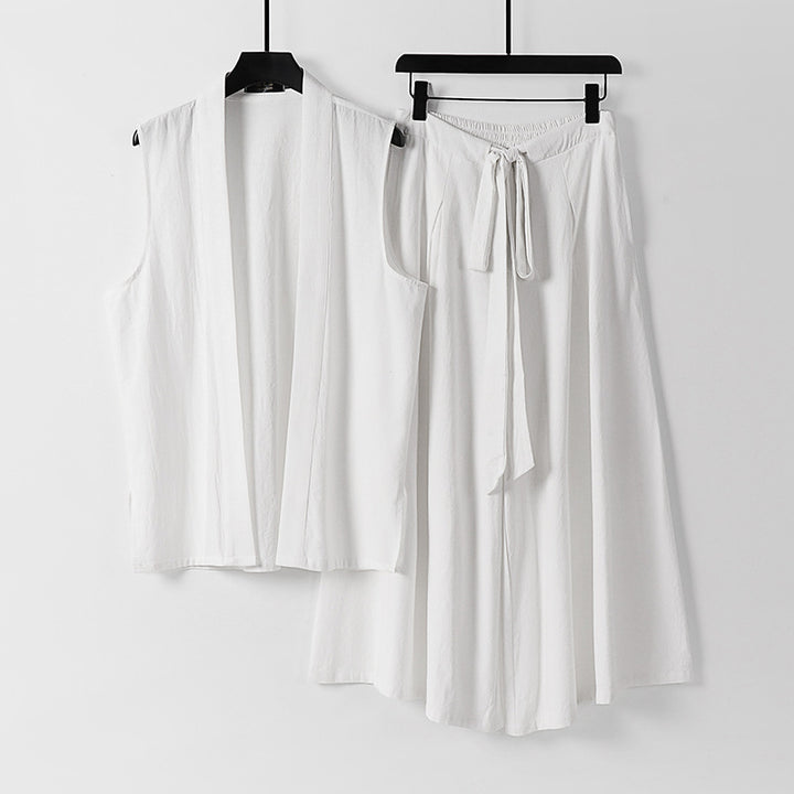 Damen Ärmellose Kimono-Weste und Hochtaillierte Culotte-Hose mit Bindegürtel Drune