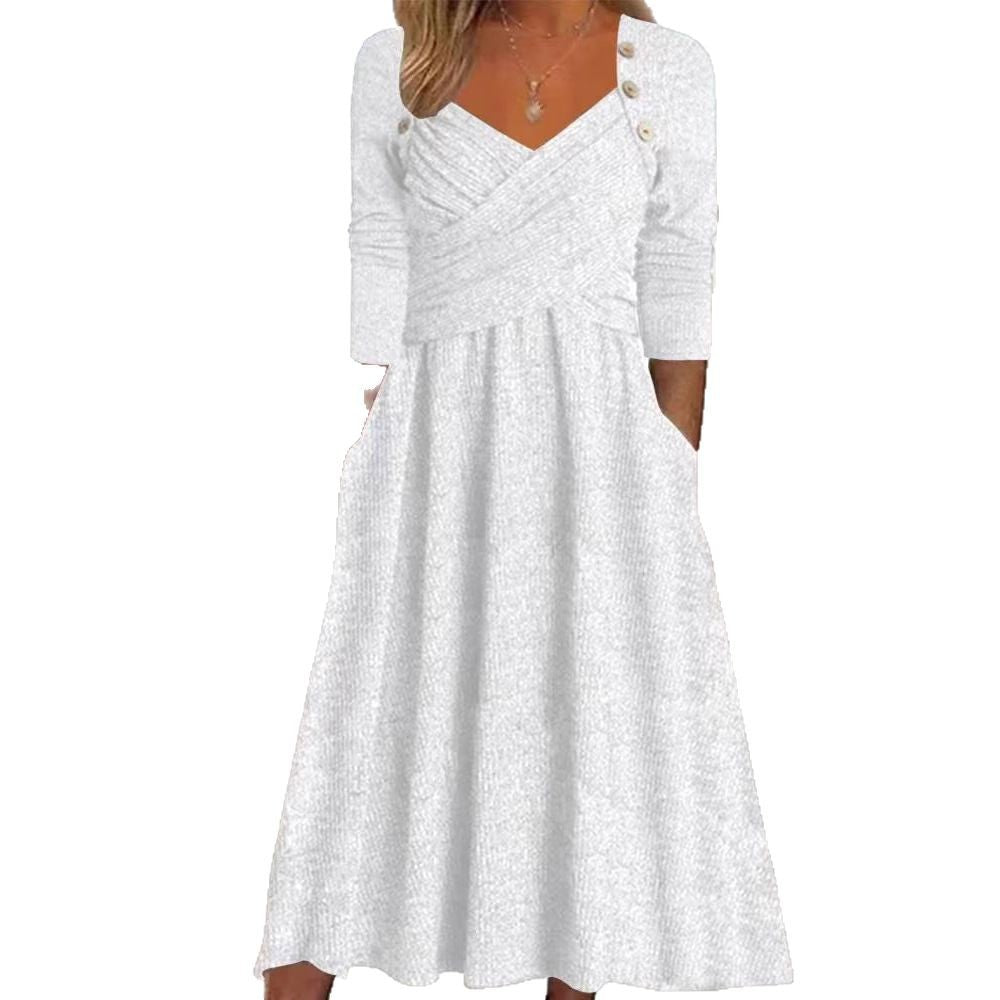 Damen nan legeres Strick-Maxikleid mit Wickeloberteil V-Ausschnitt Eingrifftaschen und Zierknopfleiste Drune