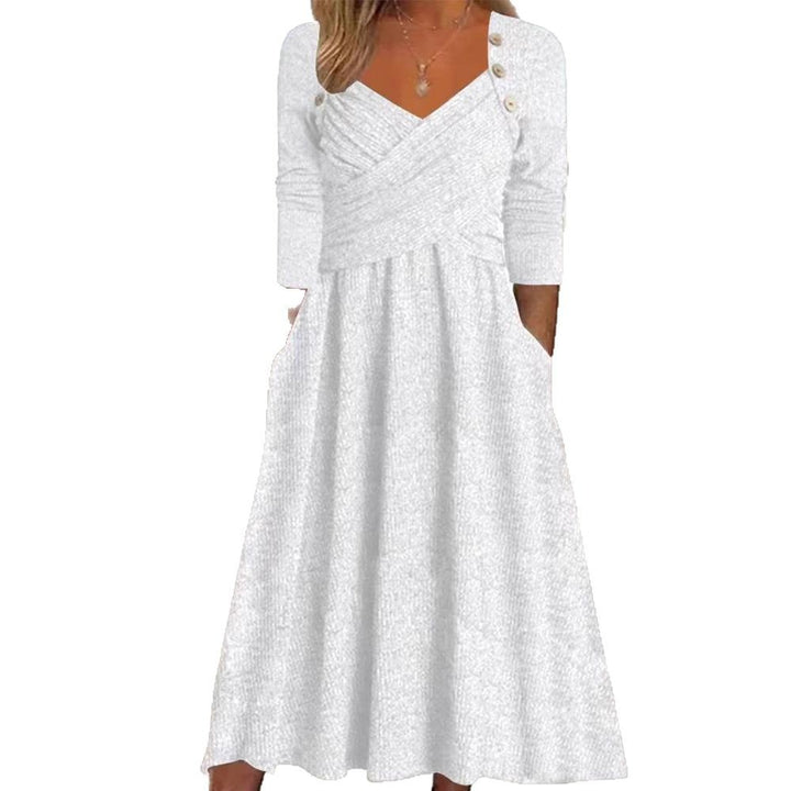 Damen nan legeres Strick-Maxikleid mit Wickeloberteil V-Ausschnitt Eingrifftaschen und Zierknopfleiste Drune