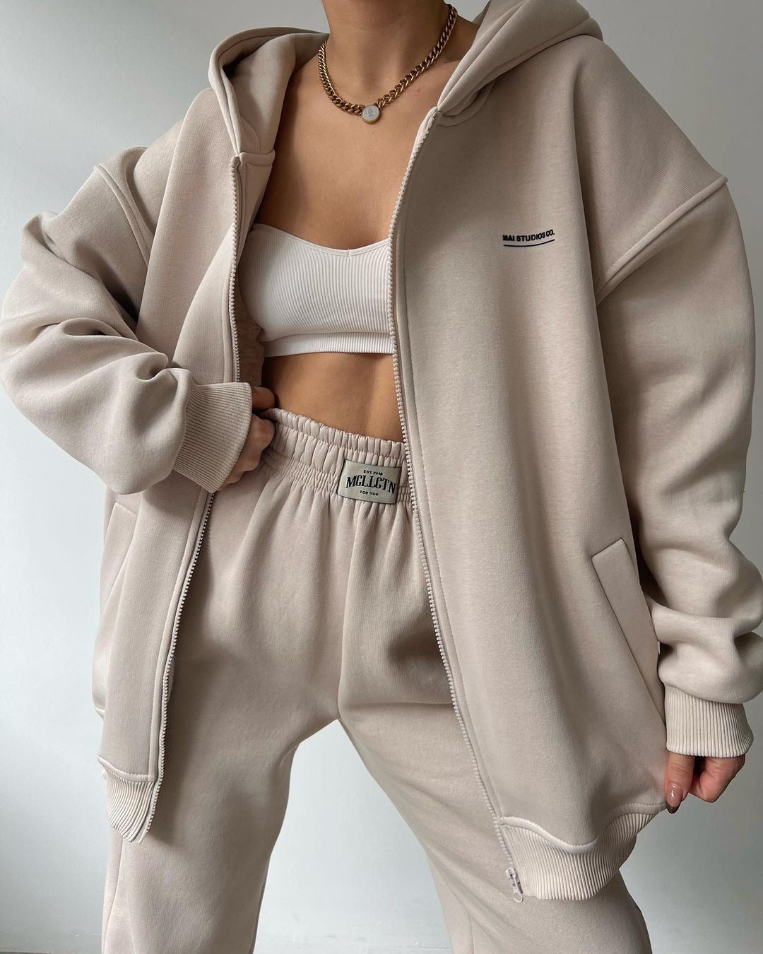 Damen lässiger und bequemer Kapuzenpullover mit Reißverschluss und Jogginghose-Set Drune