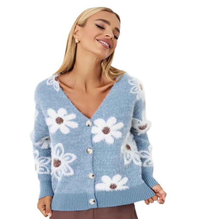 Damen kuschelige Strickjacke mit floralen Applikationen und Knöpfen Drune