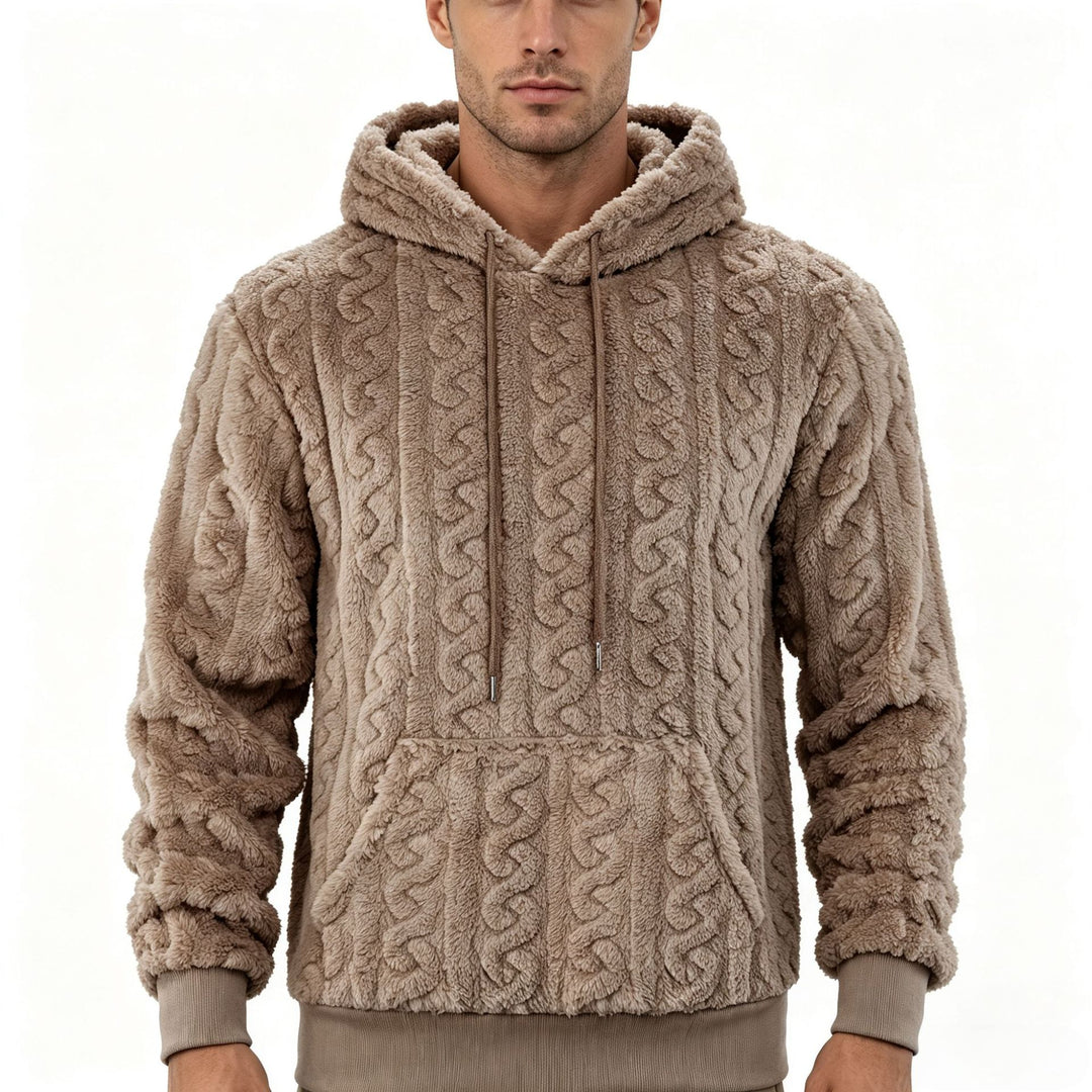 Herren Sherpa-Kapuzenpullover mit Zopfmuster, Kängurutasche und Rippbündchen Drune