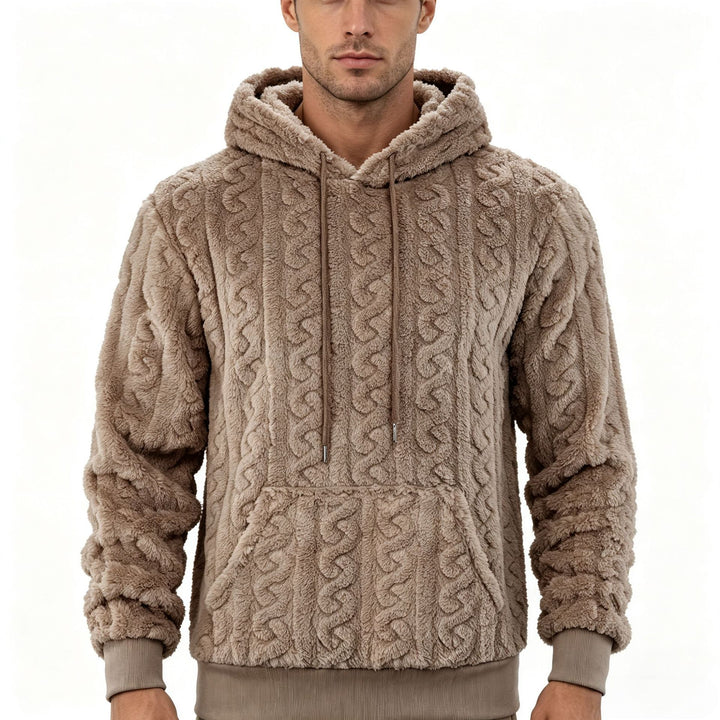 Herren Sherpa-Kapuzenpullover mit Zopfmuster, Kängurutasche und Rippbündchen Drune