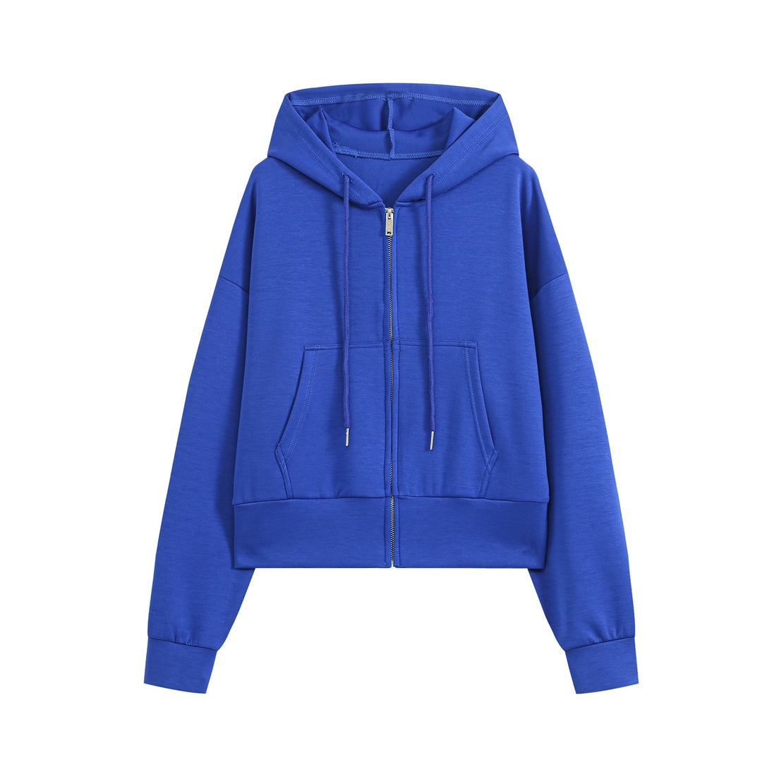 Damen Cropped Zip‑Hoodie mit Kapuze, Kängurutasche und tailliertem Saum Drune