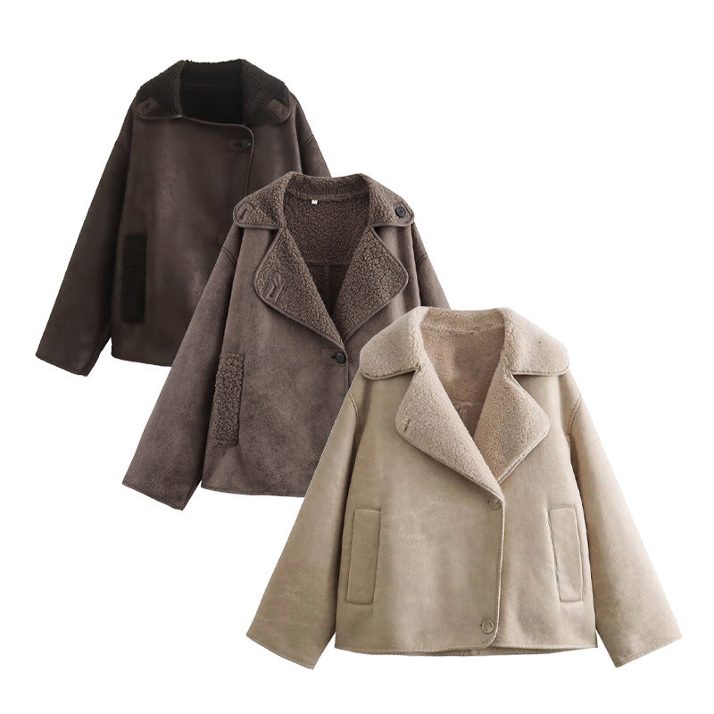 Damen Kunstpelzjacke mit stilvollem Kragen und praktischen Taschen Drune