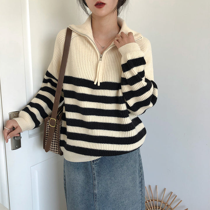 Damen gestreifter Pullover mit halblangem Reißverschluss und lässigem Schnitt Drune