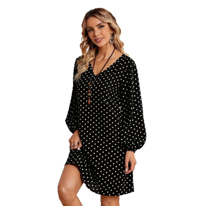 Damen Lockeres Tupfen‑Minikleid mit V‑Ausschnitt, Ballonärmeln und schwingender A‑Linie Drune