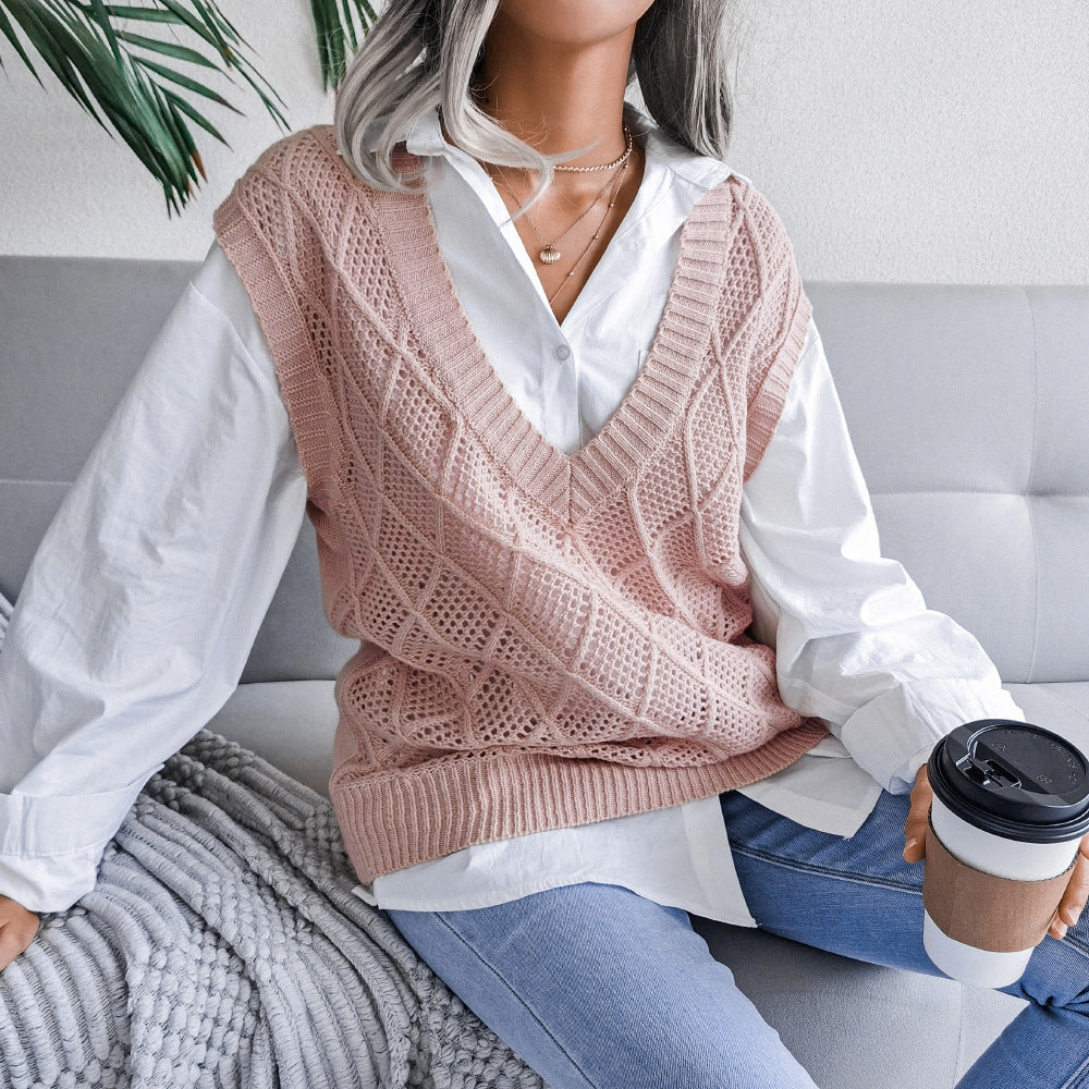Damen Strickweste mit V-Ausschnitt und karoartigem Muster Drune