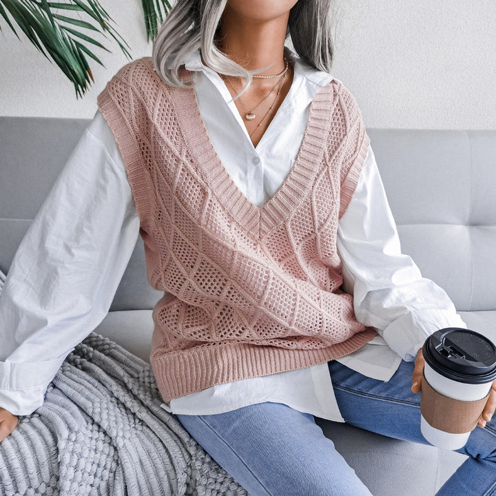 Damen Strickweste mit V-Ausschnitt und karoartigem Muster Drune