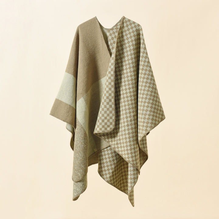 Damen Wendbarer Karomuster-Capeponcho aus Wollmix mit kastigem Oversize-Fall Drune