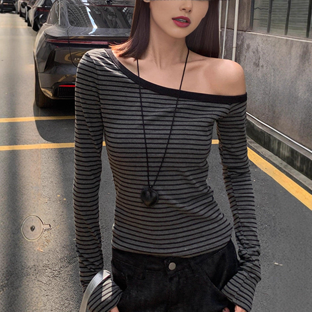 Damen asymmetrisches Longsleeve Shirt mit modischen Streifen Drune