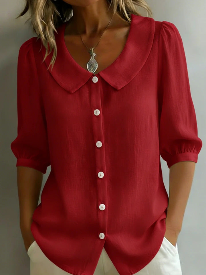 Damen Elegante Bluse mit großem Kragen und Knopfleiste Drune