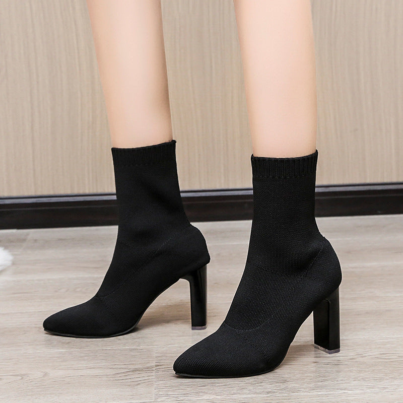 Damen nan gestrickte Sock-Ankleboot mit spitzer Zehenpartie und skulpturellem Blockabsatz Drune