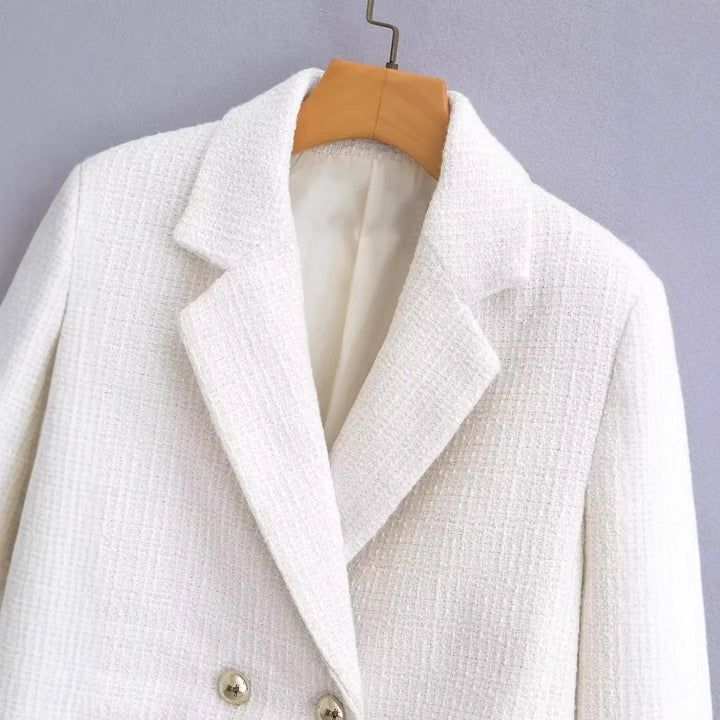 Damen nan kurze Bouclé-Cropped-Jacke mit Reverskragen und dekorativen Metallknöpfen Drune