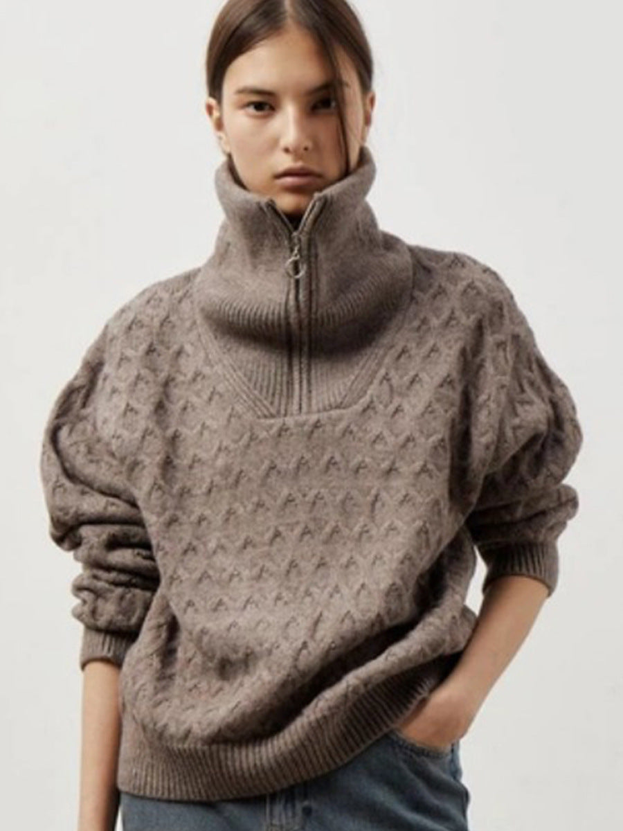 Damen Gemusterter Strickpullover mit hohem Kragen und Halbreißverschluss Drune