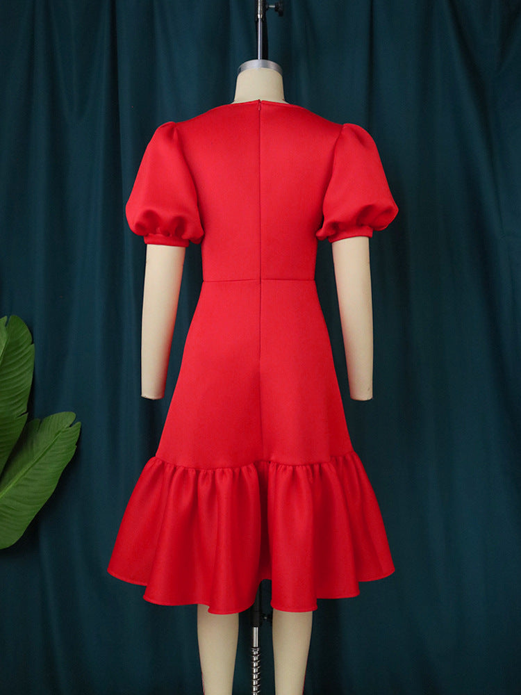 Damen elegantes Fit-and-Flare Kleid mit Puffärmeln Drune