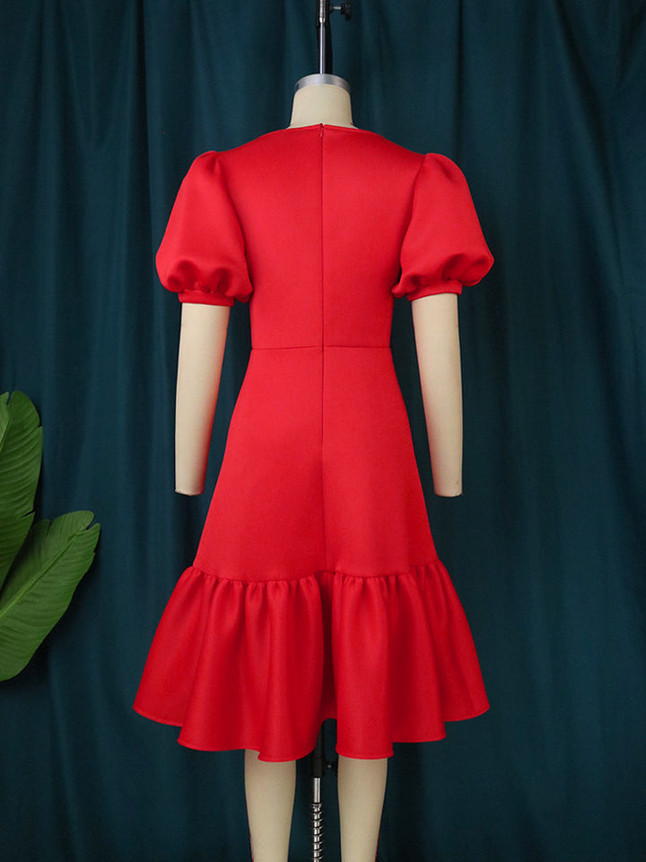 Damen elegantes Fit-and-Flare Kleid mit Puffärmeln Drune