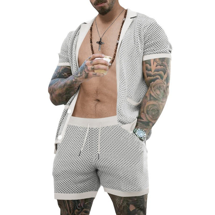 Herren nan offener Netzstrick-Cardigan mit passenden Kordelzug-Shorts Drune