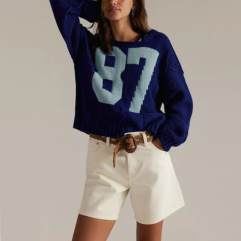 Damen Freizeit Strickpullover mit sportlicher Nummernstickerei Drune