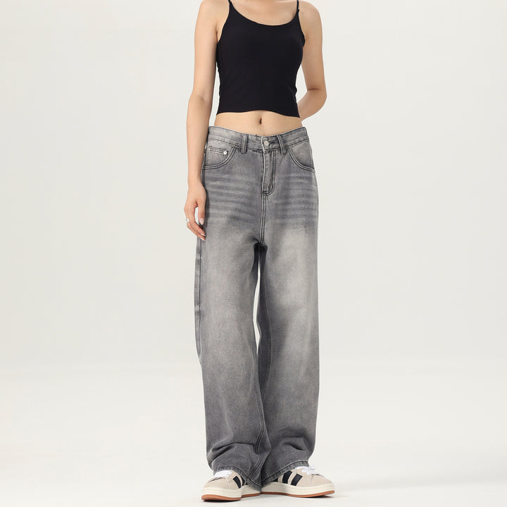 Damen Weitbeinige Stonewashed-Denim-Jeans mit tiefer Bundlinie und verlängertem Saum Drune