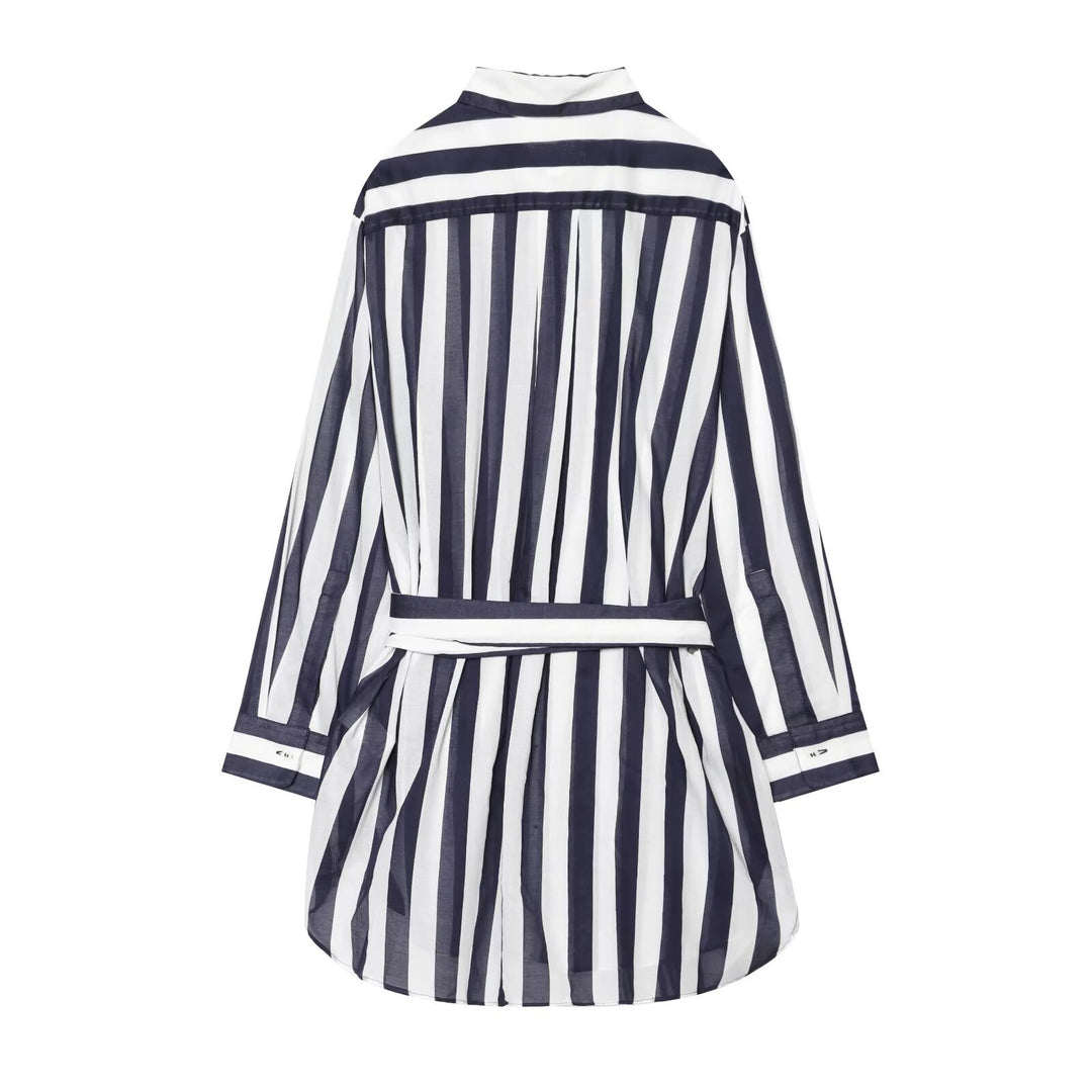 Damen Gestreiftes Hemdblusenkleid mit Bindegürtel und Oversize-Silhouette Drune
