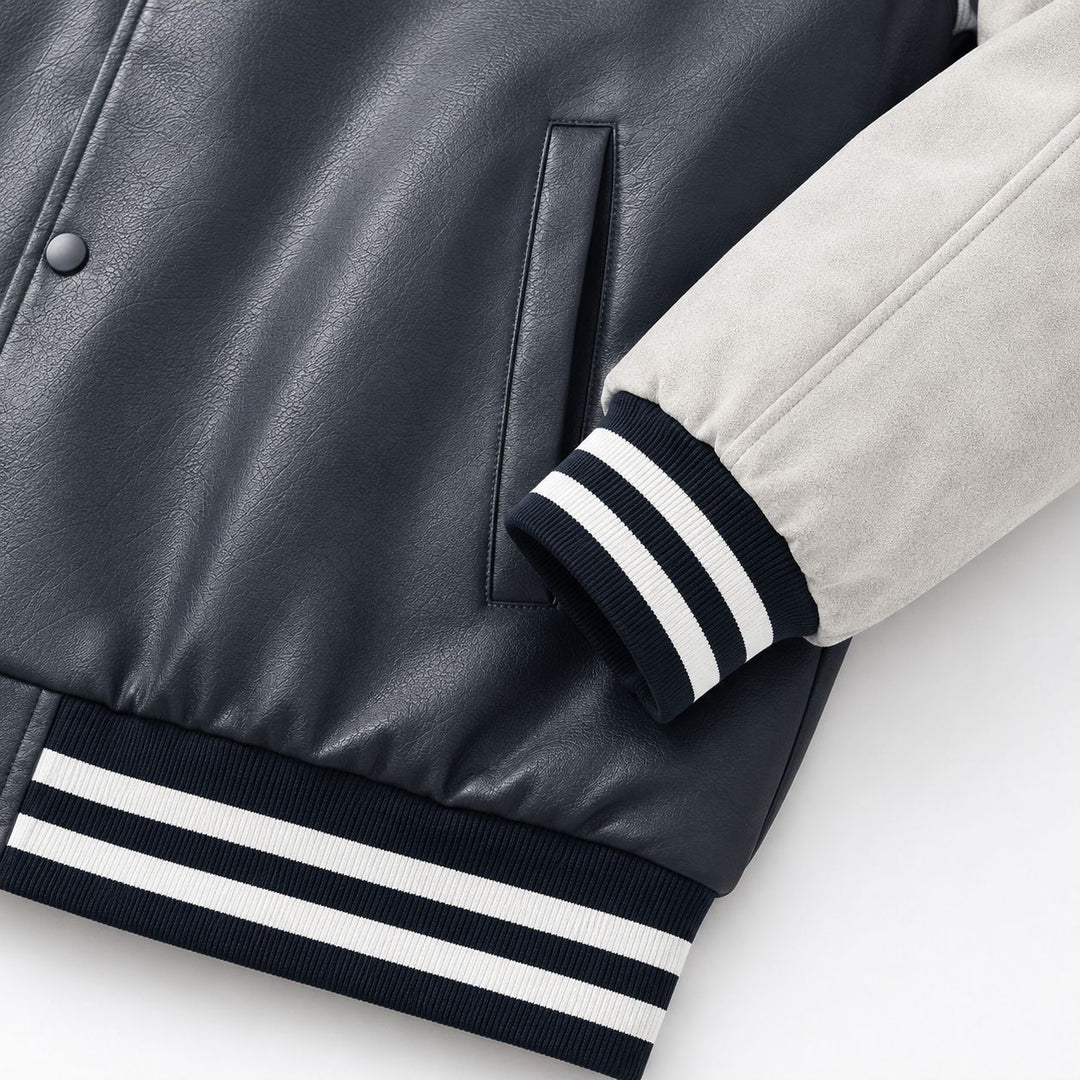 Herren Varsity-Bomberjacke im Retro-College-Stil mit Kunstlederkörper und Kontrastärmeln Drune