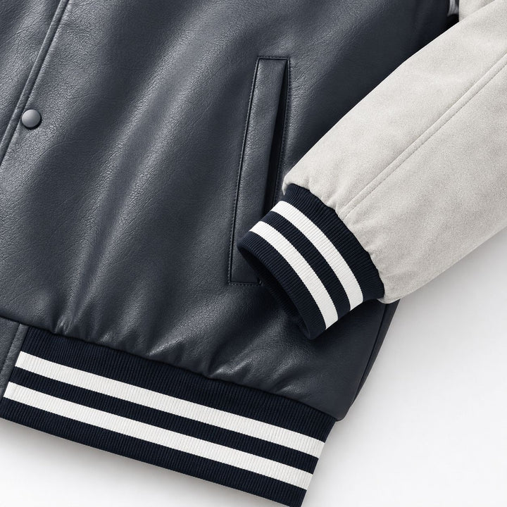 Herren Varsity-Bomberjacke im Retro-College-Stil mit Kunstlederkörper und Kontrastärmeln Drune