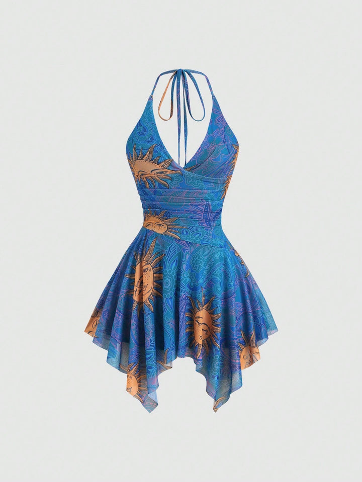 Damen lässiges Strandkleid mit asymmetrischem Saum und raffiniertem Druck Drune