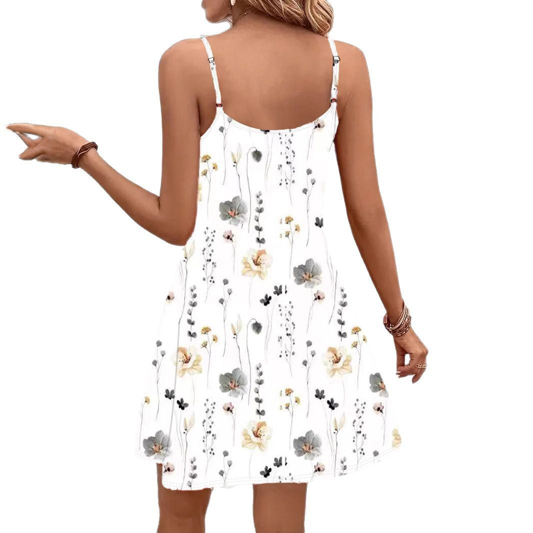 Damen lässiges Blumenkleid mit Spaghettiträgern und voluminösem Schnitt Drune