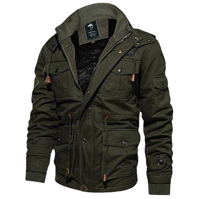Herren Militärinspirierte Canvas-Fieldjacke mit Kapuze, Kordzug‑Taille und Fleece‑Innenfutter Drune