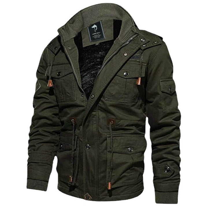 Herren Militärinspirierte Canvas-Fieldjacke mit Kapuze, Kordzug‑Taille und Fleece‑Innenfutter Drune