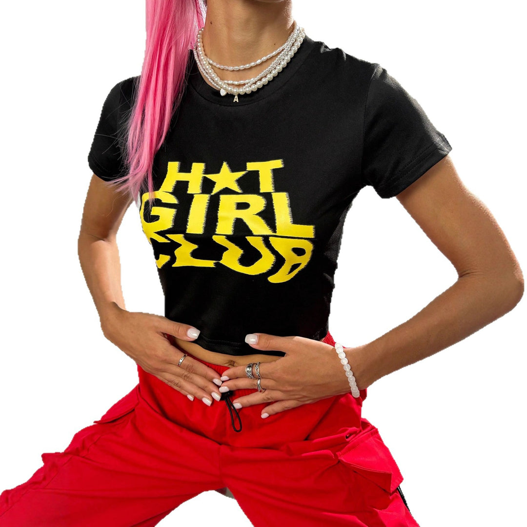 Damen Crop-T-Shirt mit auffälligem Schriftzug und figurbetontem Schnitt Drune