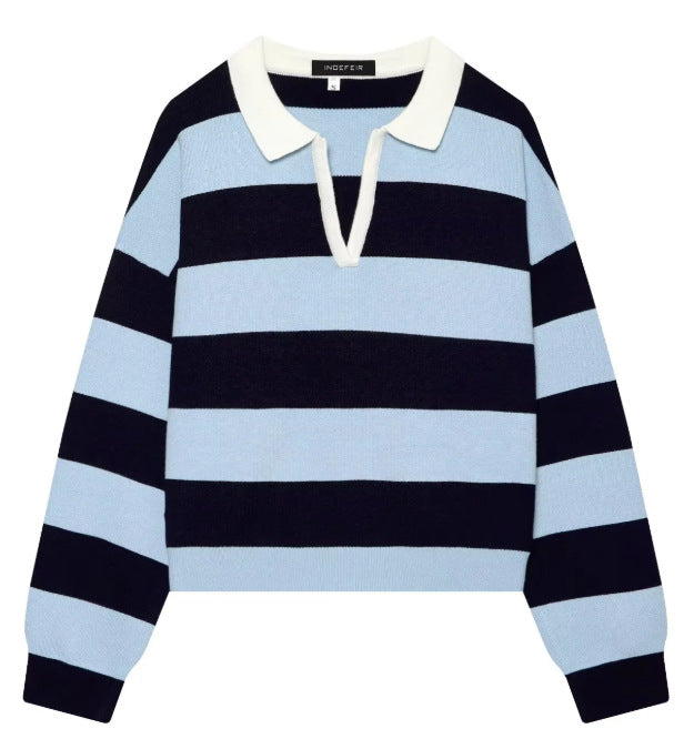 Damen Cropped Rugby-Strickpullover mit Kentkragen und V‑Ausschnitt Drune