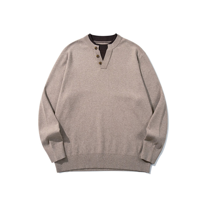 Unisex Gerippter Baumwollmix-Pullover mit Henley-Knopfleiste und Relaxed-Schnitt Drune
