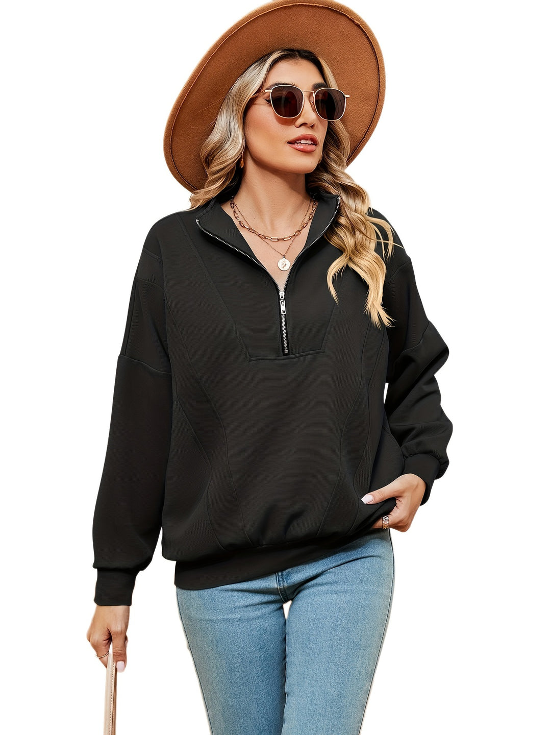 Damen Sweatshirt mit halbem Zipper und dekorativen Nähten Drune
