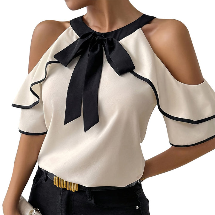Damen Elegantes Oberteil mit Rüschendetails und Schleifen-Ausschnitt Drune