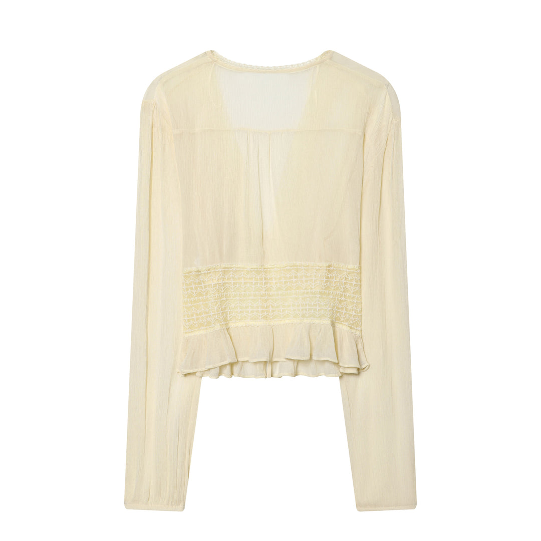 Damen nan viktorianisch inspirierte V-Neck Bluse mit Smok-Taillenband, Spitzenbesatz und Volantabschluss Drune