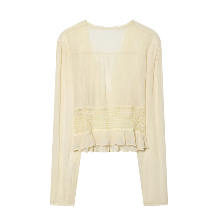 Damen nan viktorianisch inspirierte V-Neck Bluse mit Smok-Taillenband, Spitzenbesatz und Volantabschluss Drune
