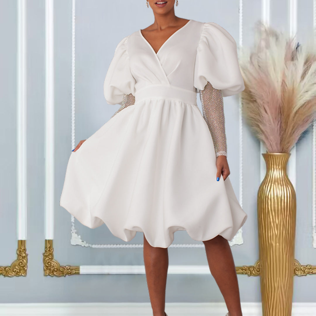 Damen Wickelkleid mit voluminösen Puffärmeln und transparenten Netzoberarmen Drune