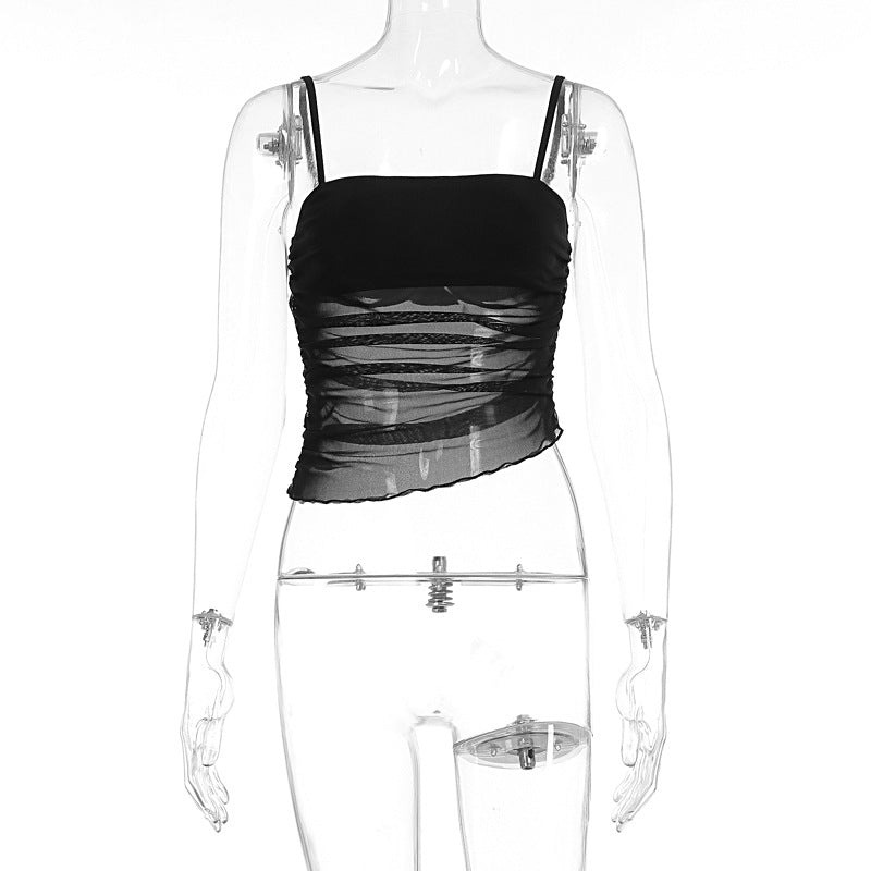 Damen leichtes Rüschenshirt mit Spaghettiträgern und transparenten Einsätzen Drune
