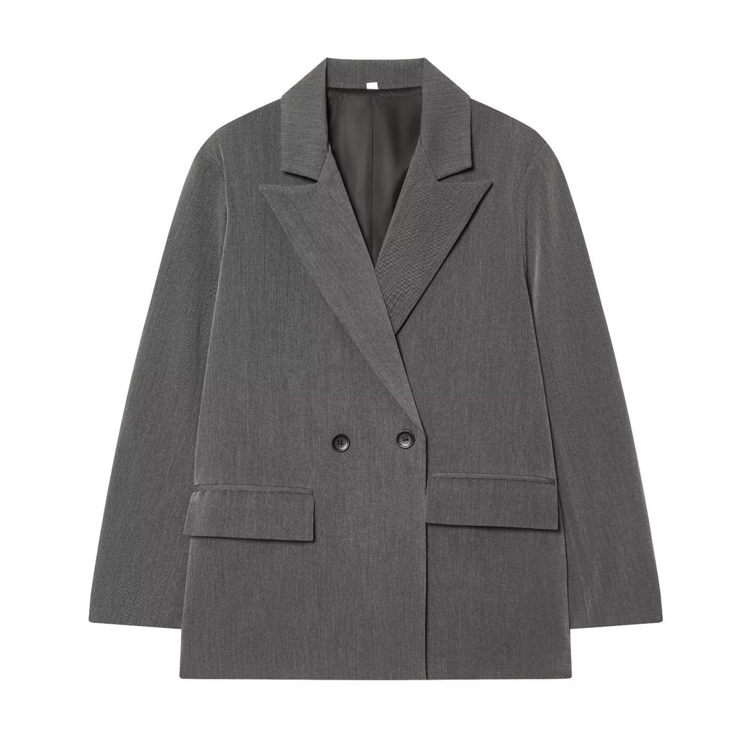 Damen Oversize Doppelreihiger Sakko-Blazer mit Pattentaschen Drune