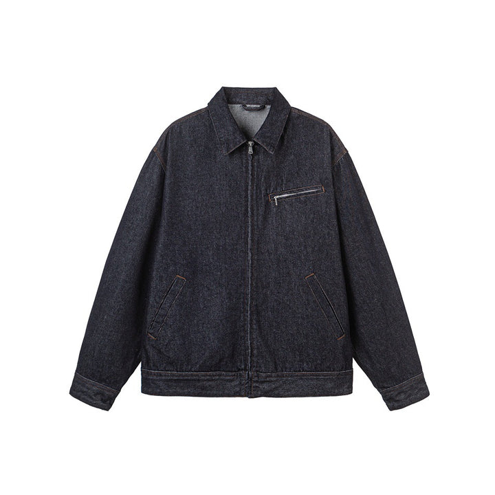 Herren Locker geschnittene Denim-Worker-Jacke mit verdecktem Reißverschluss und schräger Brusttasche Drune