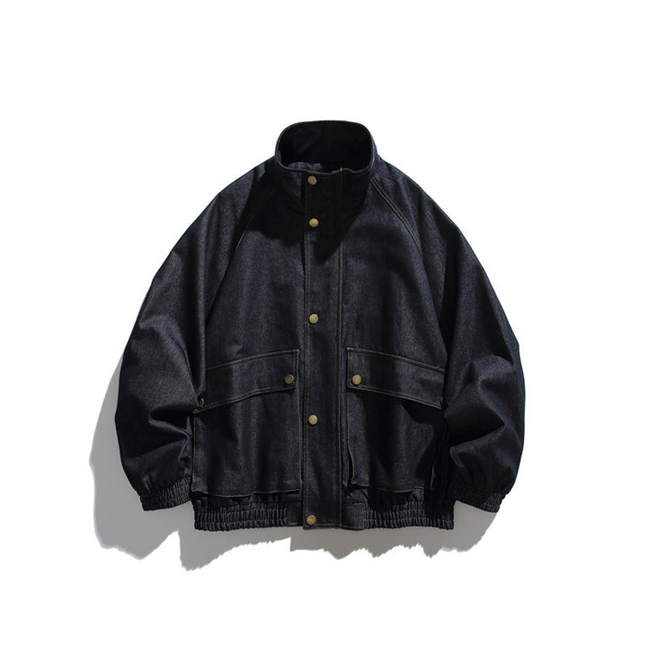 Unisex Boxy Jeansblousonjacke mit Stehkragen, Druckknopffront und elastischem Saum Drune