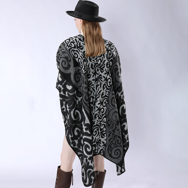 Damen Oversize-Kimono-Poncho im Jacquardstrick mit ornamentalem Muster und V-Ausschnitt Drune