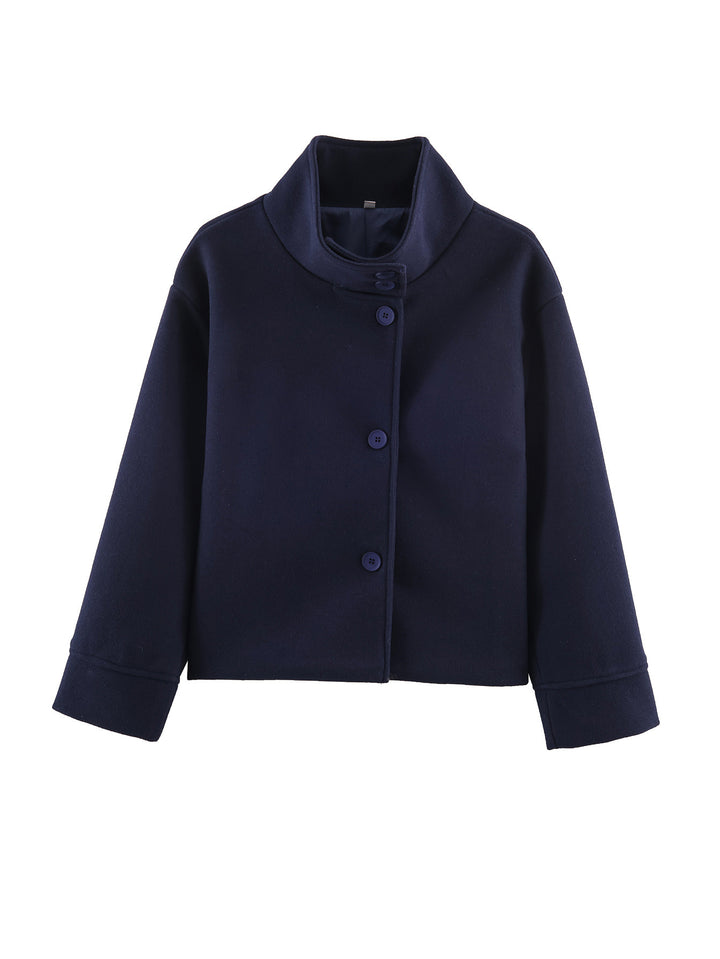 Damen Kurze Boxy-Wollmix-Jacke mit Stehkragen und aufgesetzten Pattentaschen Drune