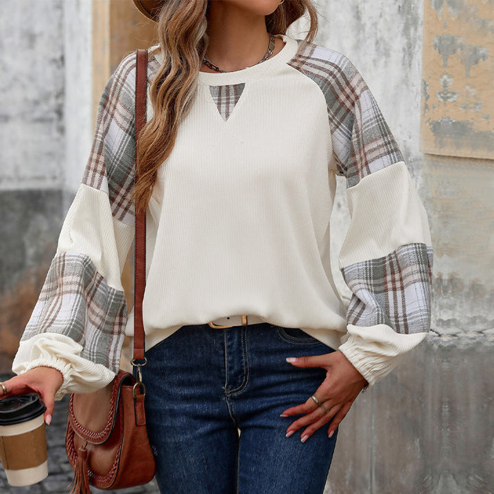 Damen Legeres Raglan-Sweatshirt mit karierten Ballonärmeln, Keyhole-Ausschnitt & gerafften Bündchen Drune