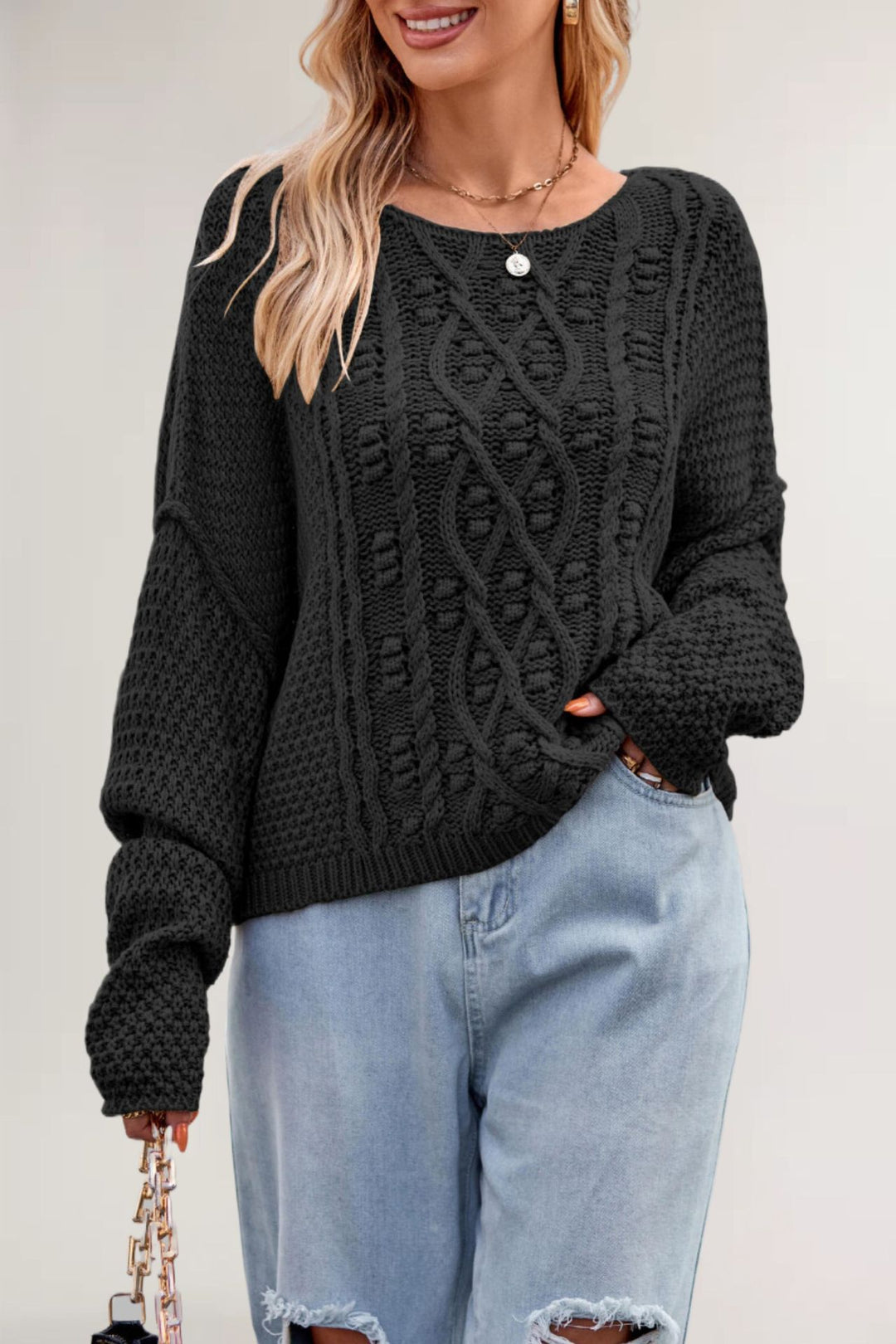 Damen Strickpullover mit strukturiertem Zopfmuster Drune